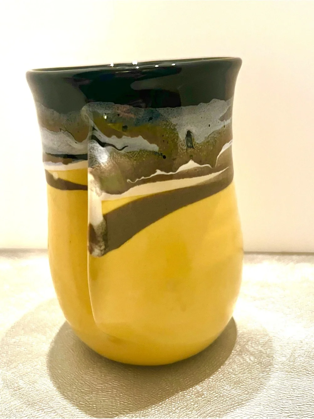 Studio Art Pottery Signed Neber Stoneware Mug Yellow/Black/ Watchman Grip Handle